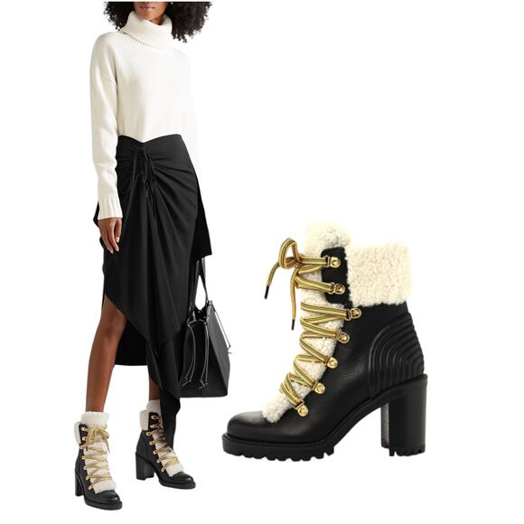 Christian Louboutin Yetita Shearling Leather Hiking Boots Black Size 36.5 - Picture 1 of 11